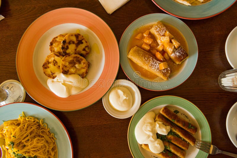 Set of Food Dishes on a Table in a Cafe Stock Image Image of meal