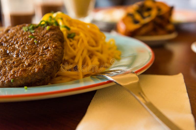 Set Of Food Dishes On A Table In A Cafe Stock Image Image of napkin
