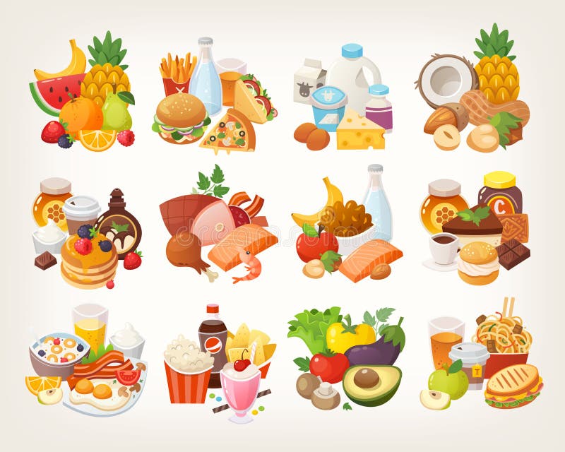 Set of food icons arranged in categories.