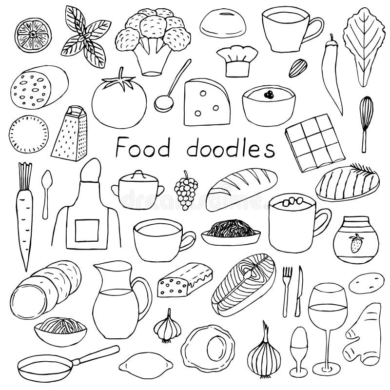 Set of Food and Kitchen Accessories, Vector Illustration Hand Drawing