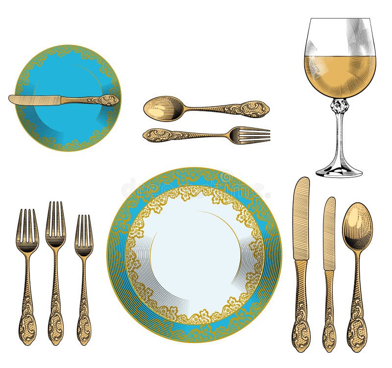 Set a Formal Dinner Table in old style. stock illustration