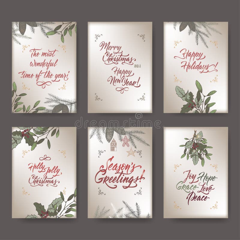 Set of 6 A4 format Christmas color greeting cards with mistletoe, pine branches and holiday brush lettering.