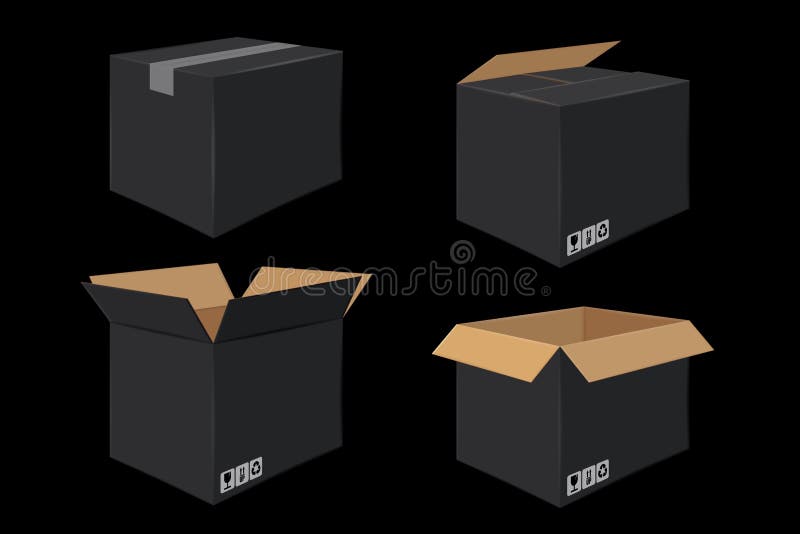 Set Of Four Cardboard Boxes Open And Closed Black Box Stock Vector Illustration Of Open Pack