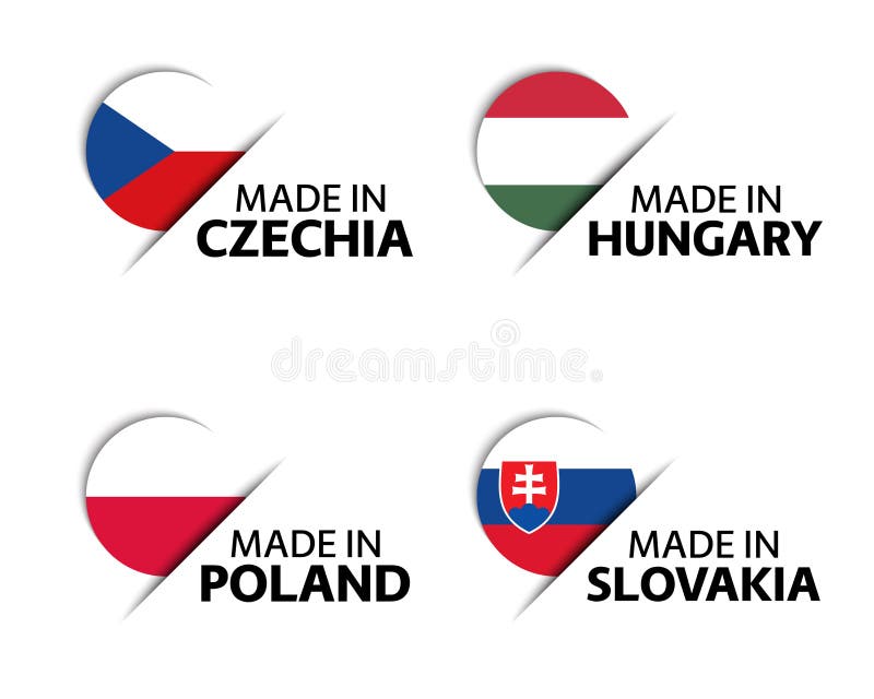 Set of four Czech, Hungarian, Polish and Slovak stickers. Made in Czech Republic, Made in Hungary, Made in Poland