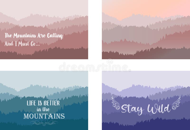 Set of Misty Mountain Landscapes Nature Scenery with Life Quotes