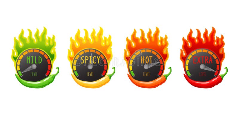 Set of four hot chili peppers. Spiciness level, mild; spicy, hot, extra.