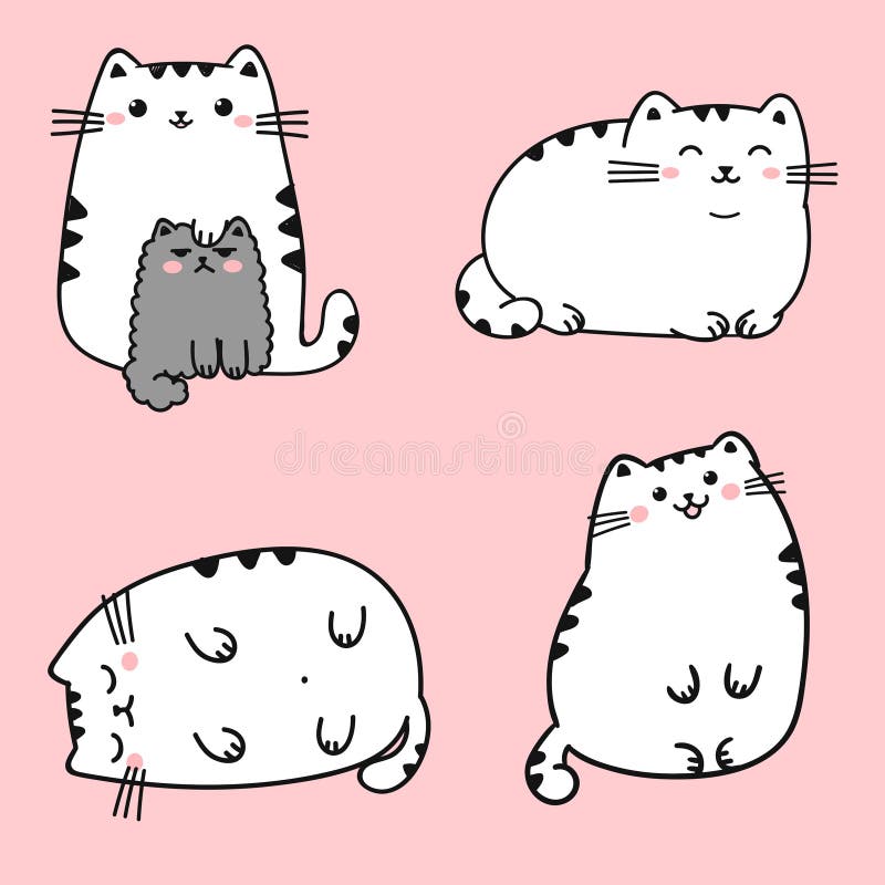 Set of Four Kawaii Cute Fat White Cats in Different Poses. Stock Vector -  Illustration of style, background: 114229046