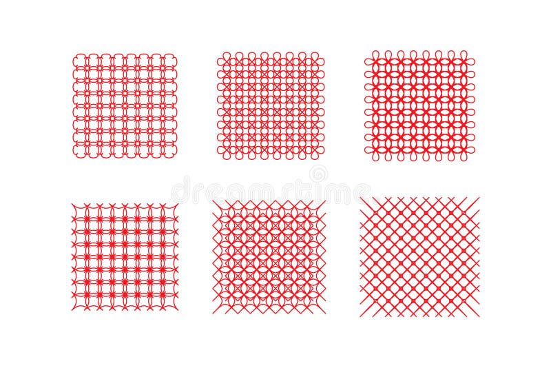 Repeating geometric patterns in vibrant red on a plain white background. stock illustration