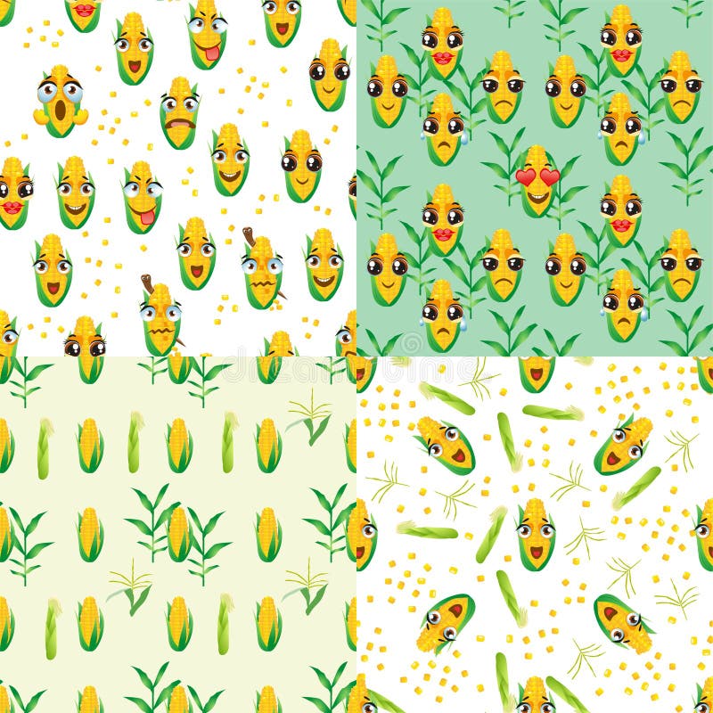 Set of Four Cute Seamless Pattern with Cartoon Emoji Corn Stock Vector