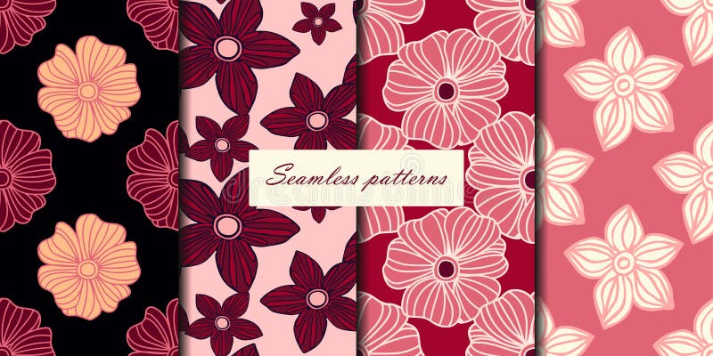 Set of four seamless patterns with flowers in pink cherry colors. Vector background