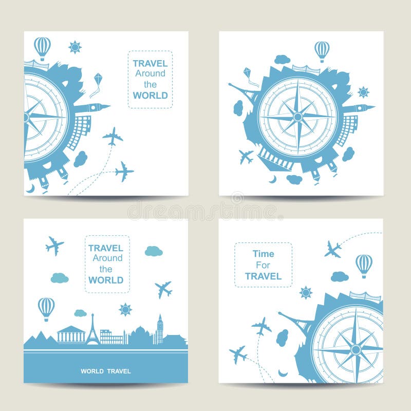 Set of four travel card templates. Square cards vector illustration Set of four travel card templates. Square cards vector illustration