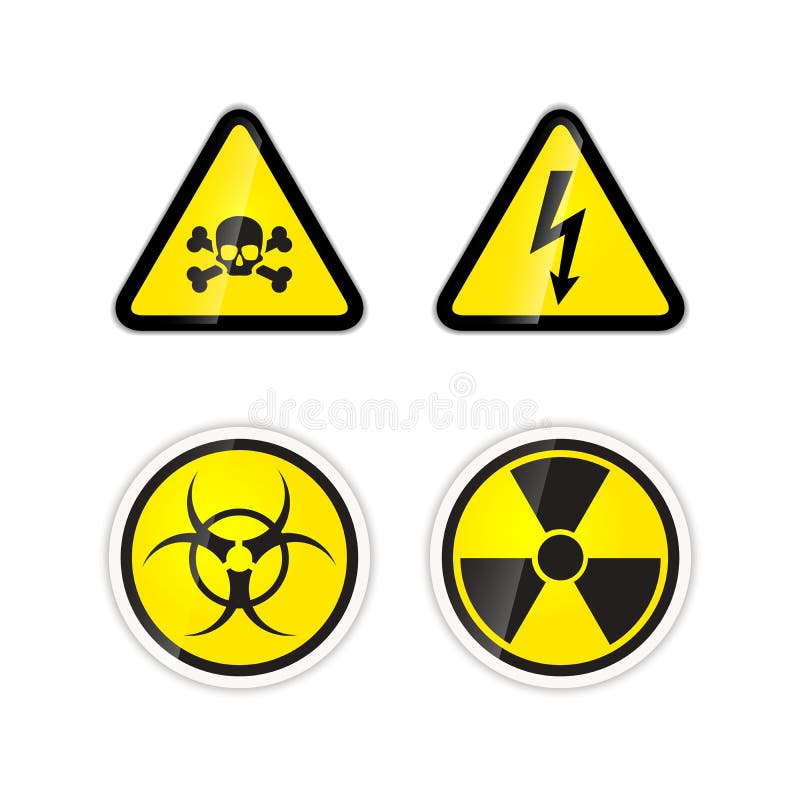 Set of four warnings signs for high voltage, radiation, biohazard and poison