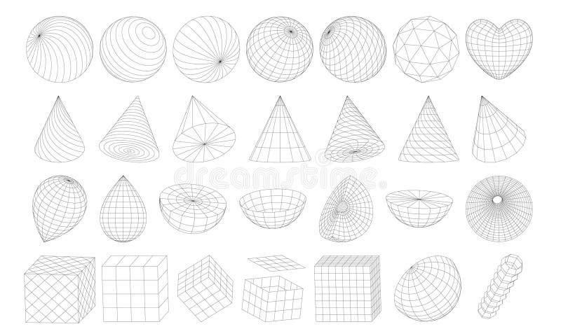 Set of wireframe 3D geometric shapes. Wire frame abstract figures.  Distorted mesh grids. Chain, cone, Infinity Symbol, arc, star, sphere,  knot. Isolat Stock Vector Image & Art - Alamy