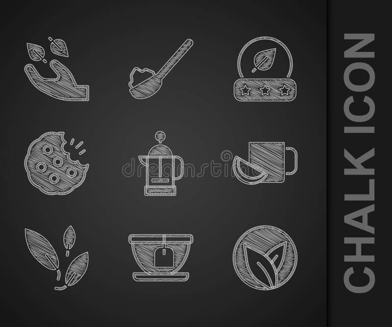 Set French Press, Cup with Tea Bag, Tea Leaf, of Lemon, Cookie or