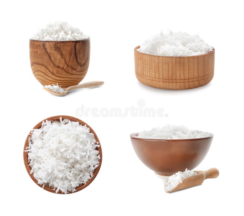 Set with Fresh Coconut Flakes in Bowls Isolated Stock Photo Image of