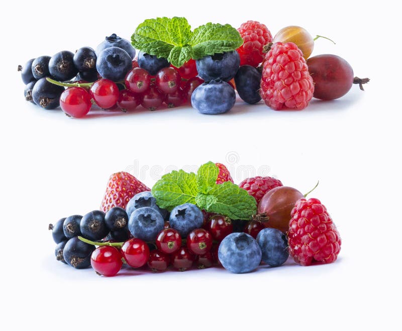 Set of fresh fruits and berries. Ripe blueberries, red currants, black currant, raspberries and strawberries. Mix berries isolated