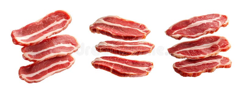 Set of of fresh pork slices displayed isolated on white background, showcasing texture and quality vector illustration