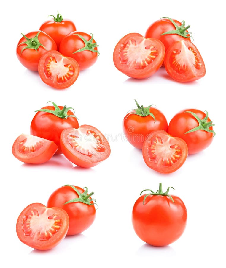 Set fresh red tomato fruits isolated on white