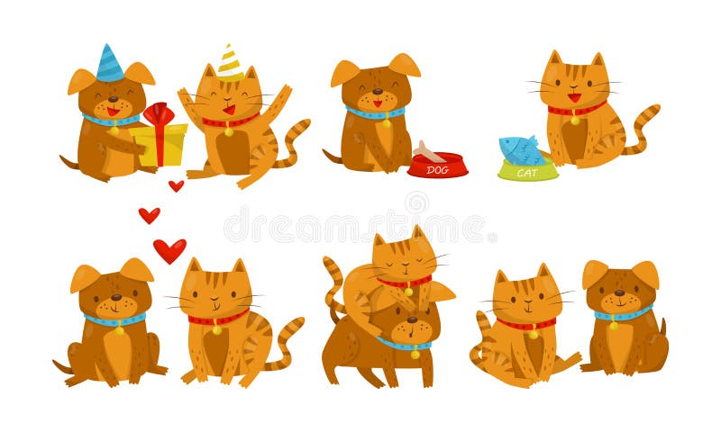 Set with Friendship between Dogs and Cats Concept Vector Illustration  Cartoon Character Stock Vector - Illustration of friend, object: 164454345