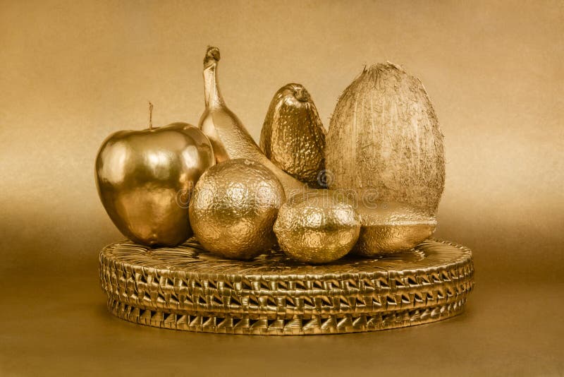 Set of Fruits with Golden Peel on Gold Background Stock Image Image of banana, delicious 53247341