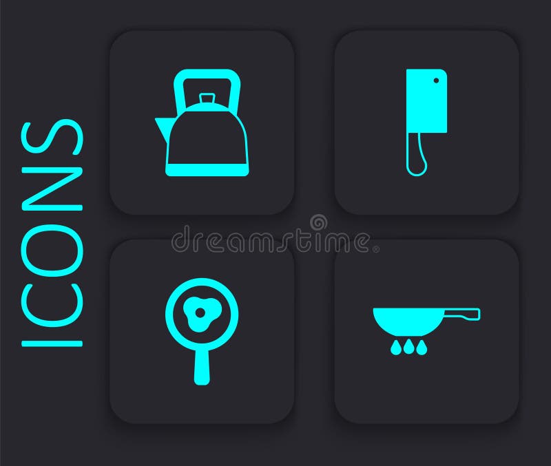 Set Frying Pan on Fire, Kettle with Handle, Meat Chopper and Fried Eggs