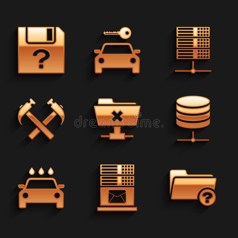 Set FTP cancel operation, Mail server, Unknown directory, Server, Data, Web Hosting, Car wash and Two crossed hammers royalty free illustration