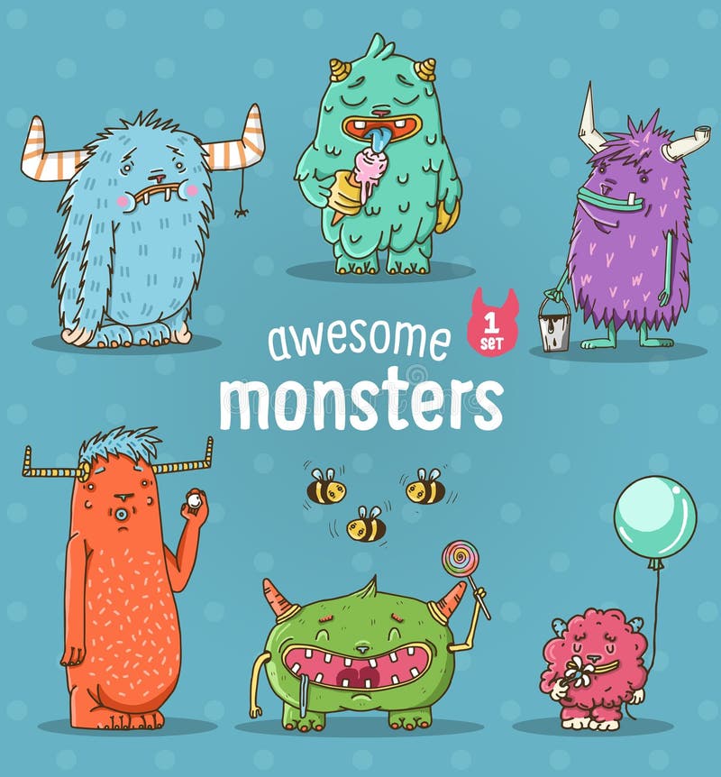 Set of Funny Cartoon Monsters Stock Vector - Illustration of cartoon