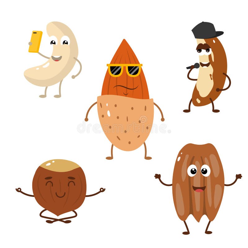 Set Of Funny Nuts Cartoon Characters Smiling With Hands And Legs