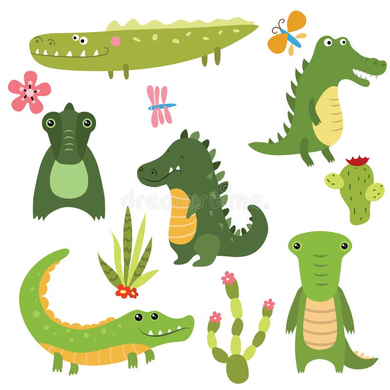 Set Crocodiles on White Background. Funny Cartoon Character Wildlife in