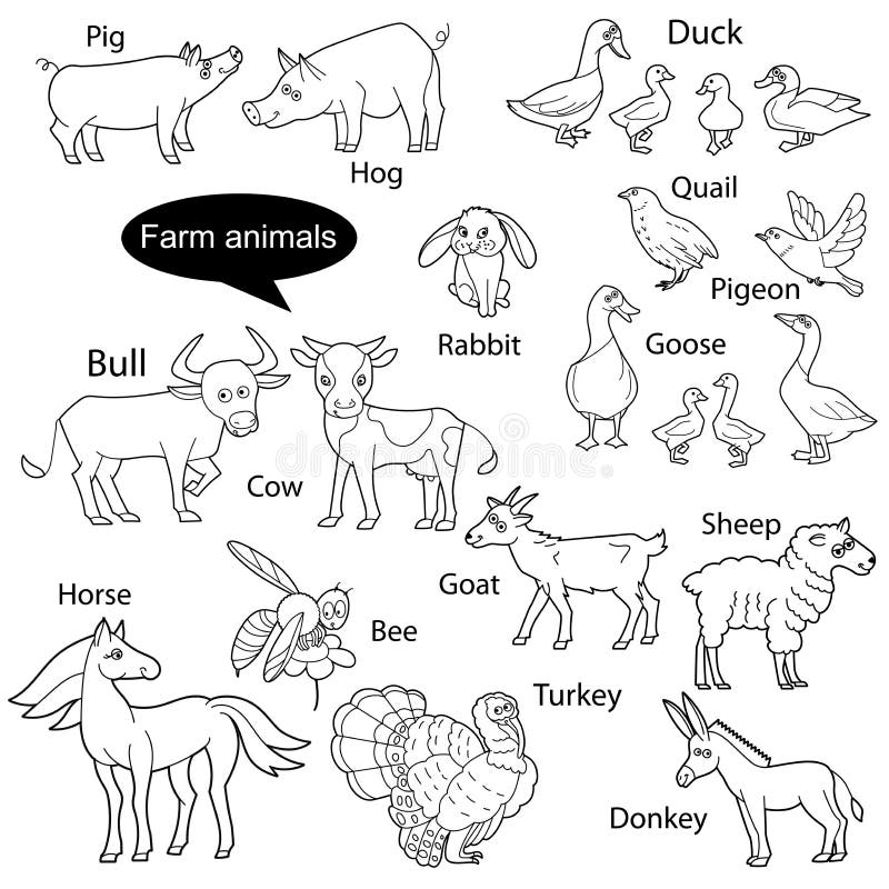 Set with Funny Cute Animals Living at Farm. Objects Isolated on White Background. Linear, Contour, Black and White Version Stock Vector - Illustration of mammal, coloring: 220131286 Set with Funny Cute Animals Living at Farm. Objects Isolated on White Background. Linear, Contour, Black and White Version Stock Vector - Illustration of mammal, coloring: 220131286