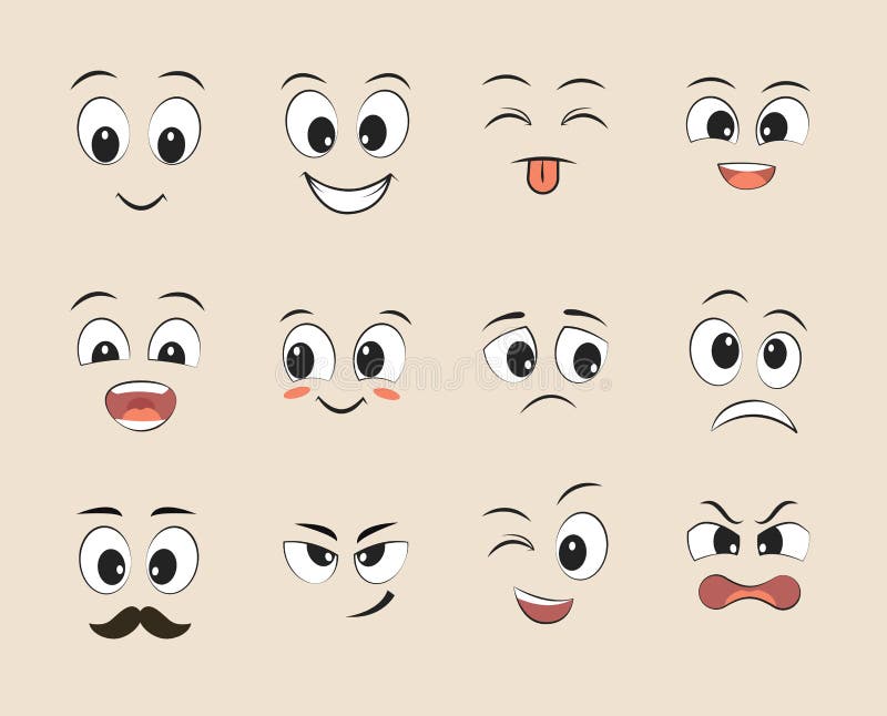 Set of Funny Faces. Cartoon Faces with Different Expressions, Featuring ...