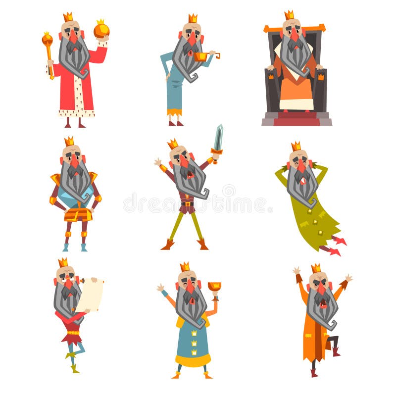 Set of funny king in various clothes. Cartoon character of old bearded man wearing gold crown. Ruler of kingdom. Flat stock illustration