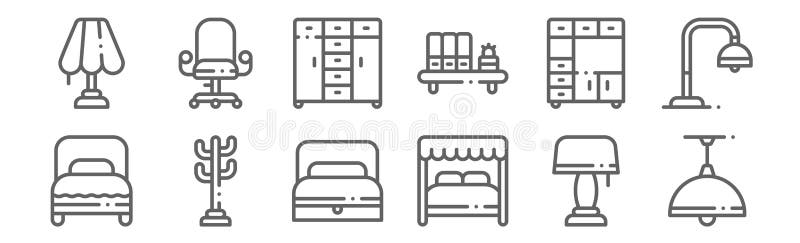 Set of 12 furnitures icons. outline thin line icons such as ceiling light, canopy bed, coat stand, closet, wardrobe, desk chair royalty free illustration