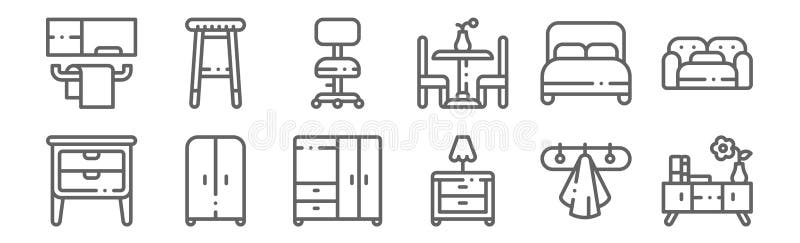 Set of 12 furnitures icons. outline thin line icons such as chest of drawers, bedside table, wardrobe, double bed, desk chair vector illustration