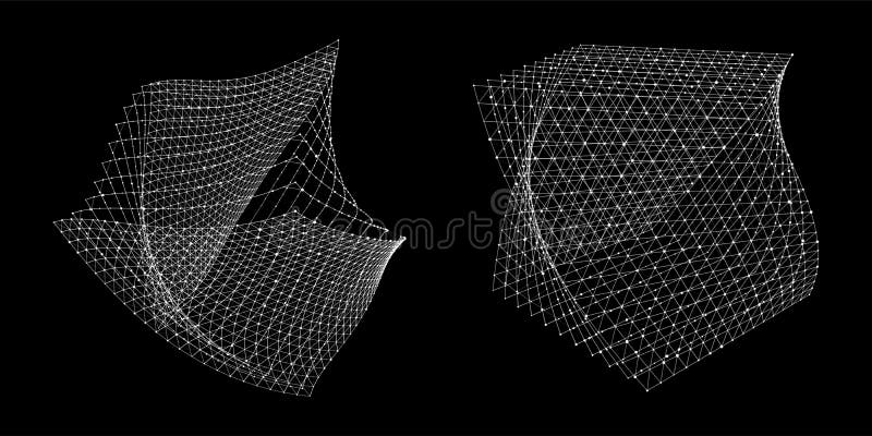 Set of futuristic twisted wireframe cubes. Technology blockchain concept. Collection of digital geometric shapes. Vector vector illustration