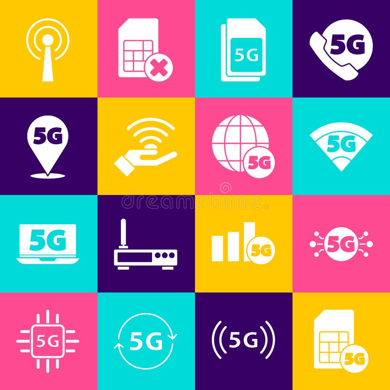 Set 5G Sim Card, network, Location, Antenna and icon. Vector stock illustration
