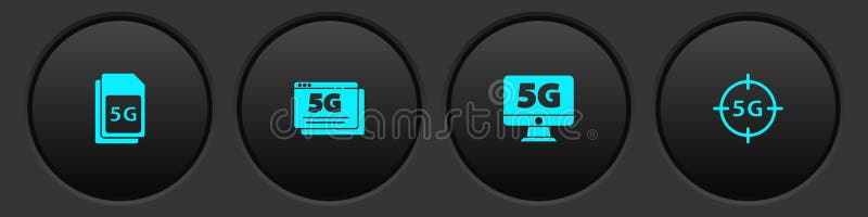 Set 5G Sim Card, network, Monitor with and icon. Vector royalty free illustration