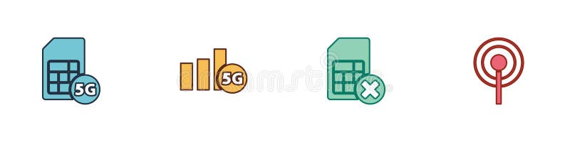 Set 5G Sim Card, network, card rejected and Antenna icon. Vector stock illustration