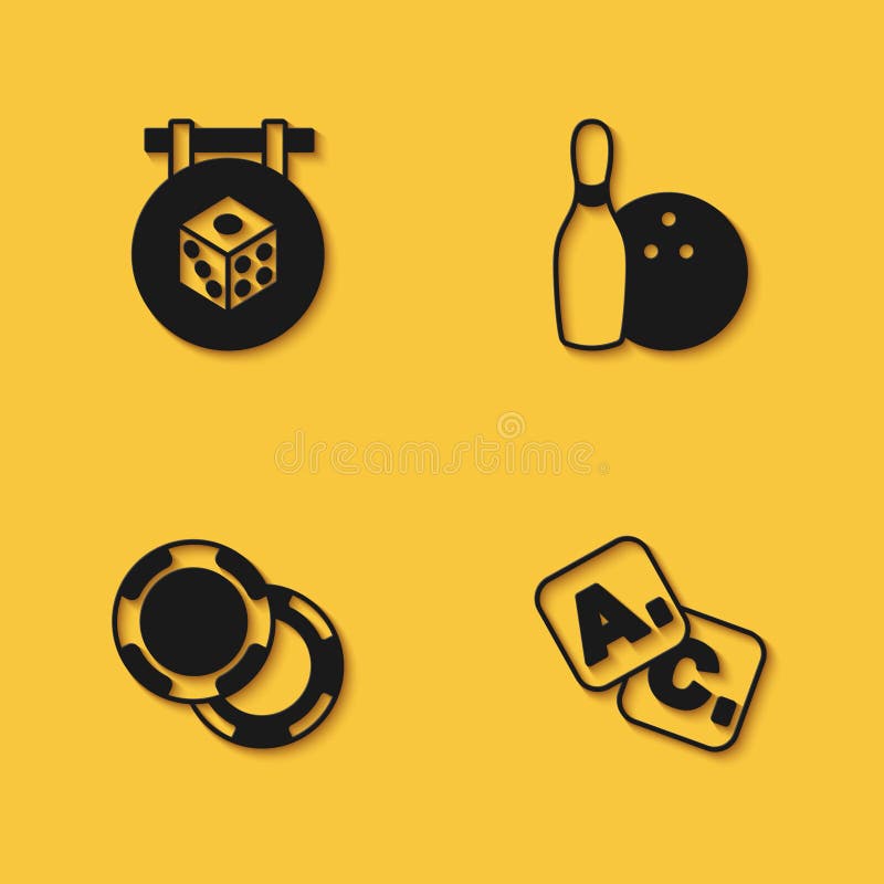 Set Game Dice, Bingo, Casino Chips and Bowling Pin and Ball Icon with