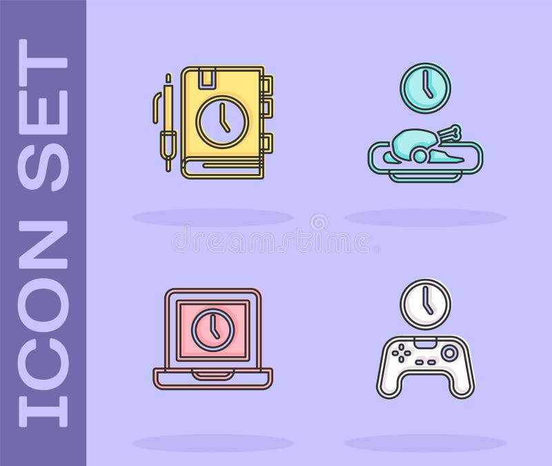 Set Gamepad of time, Daily paper notepad, Laptop and Food icon. Vector stock illustration