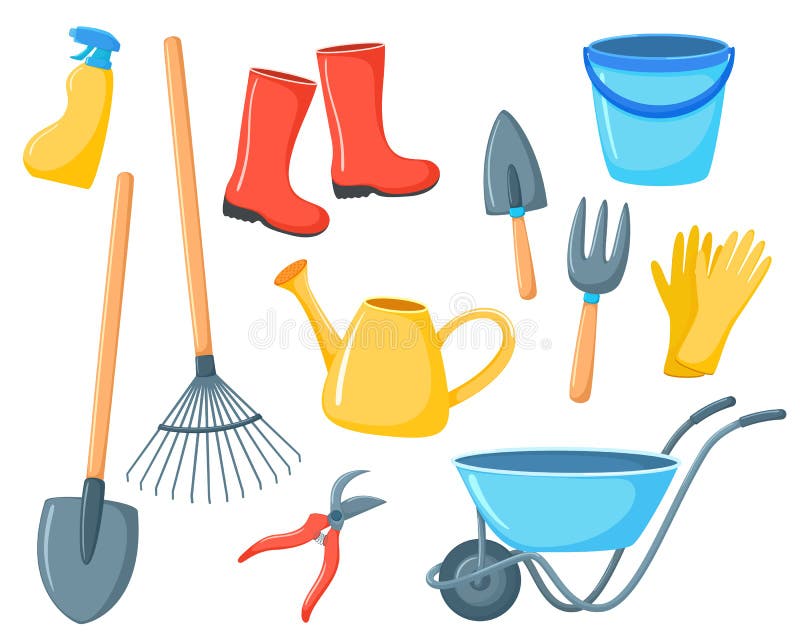 Vector Set of Gardening Tools in Cartoon Style. Illusion Isolated on White  Background Stock Vector - Illustration of wheelbarrow, equipment: 212197755