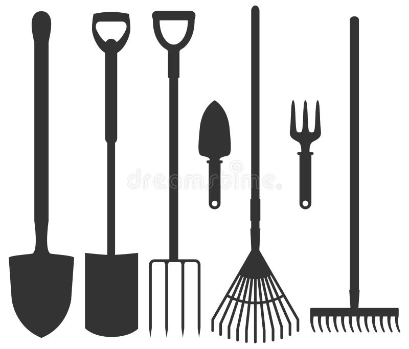 Set of garden tools: spade, rakes, pitchforks, shovels. Vector illustration. Collection of agriculture instruments contours isolated on white background. Work with soil equipment design or concept of ecological farm.
