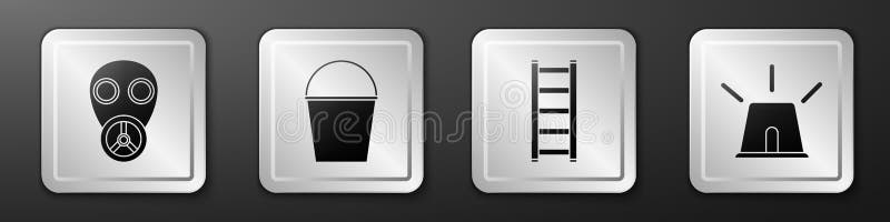 Set Gas mask, Fire bucket, Fire escape and Flasher siren icon. Silver square button. Vector vector illustration