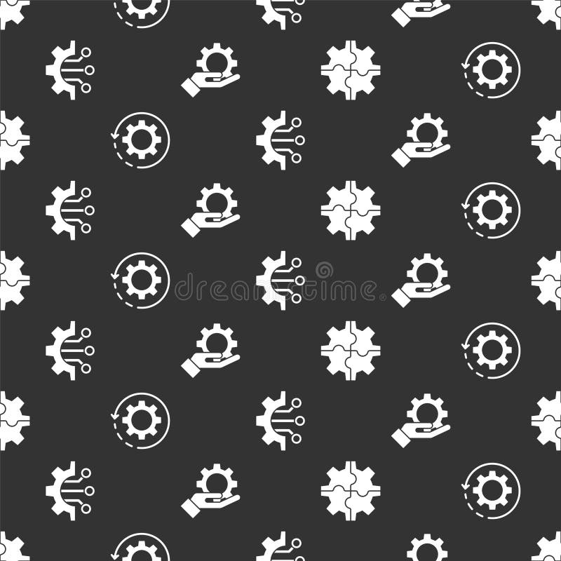 Set Gear, Gear and arrows as workflow, Algorithm and Settings in the hand on seamless pattern. Vector.