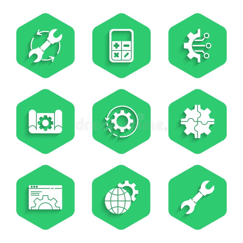 Set Gear and arrows as workflow, Globe of the Earth gear, Wrench spanner, Browser setting, Graphing paper, Algorithm and royalty free illustration