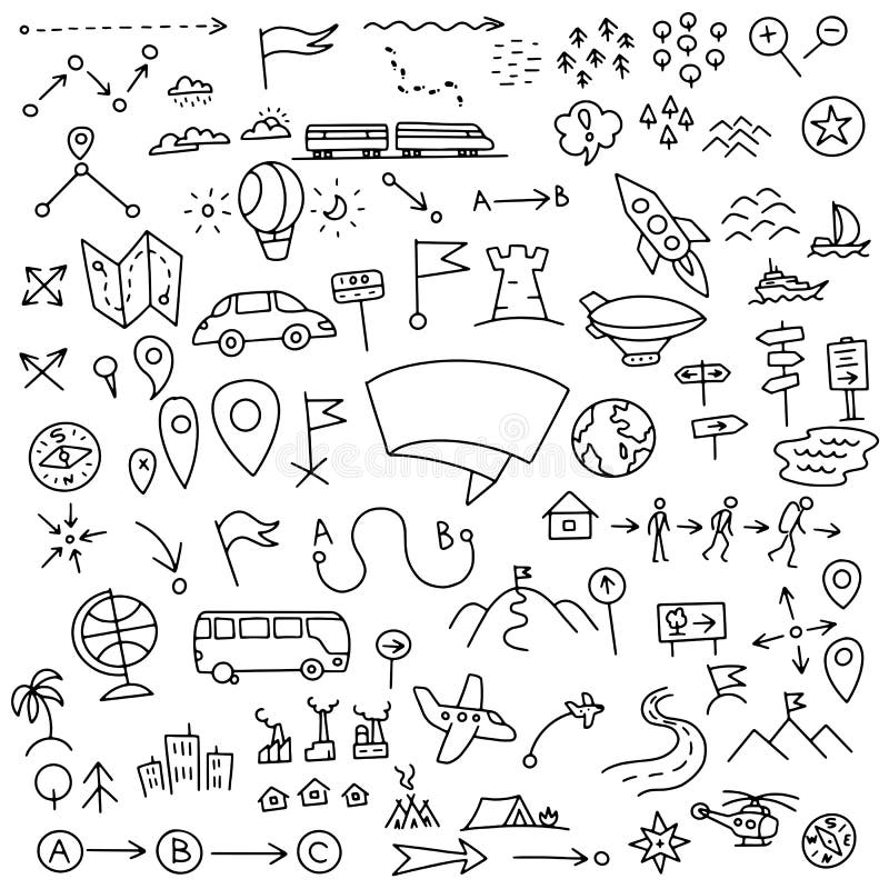 Set of Geographic Map Signs. Hand Drawn Doodle Sketch Vector Stock ...