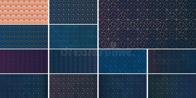 A set of 13 geometric abstract backgrounds with 3D cubes and hexagonal grids. Featuring bold colors, subtle gradients royalty free illustration