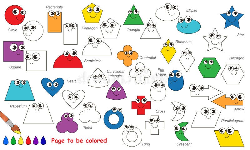 Set of Geometric Shapes Cartoon. Page To Be Colored. Stock Vector
