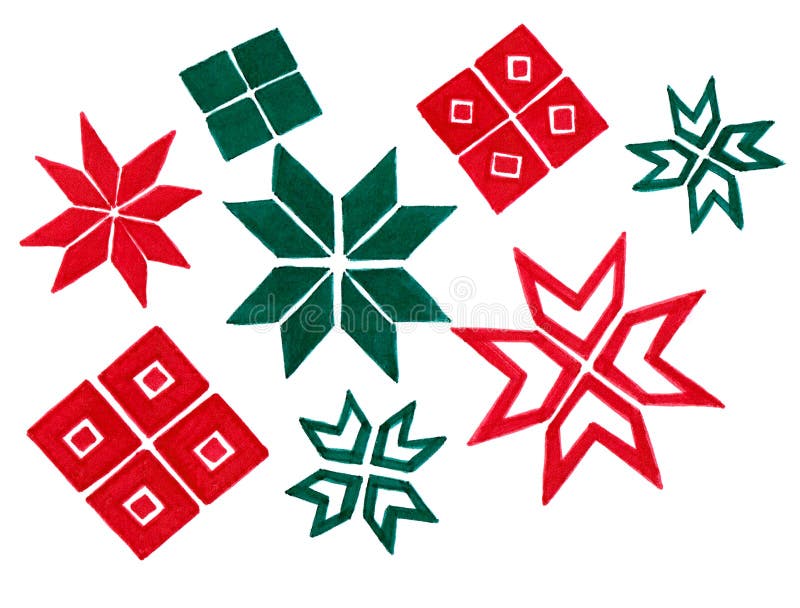 Set of geometric Christmas decor elements on a white background. Traditional red and green colors. Diamonds and snowflakes. From lines or filled with color. Different in size. Free hand. Set of geometric Christmas decor elements on a white background. Traditional red and green colors. Diamonds and snowflakes. From lines or filled with color. Different in size. Free hand.