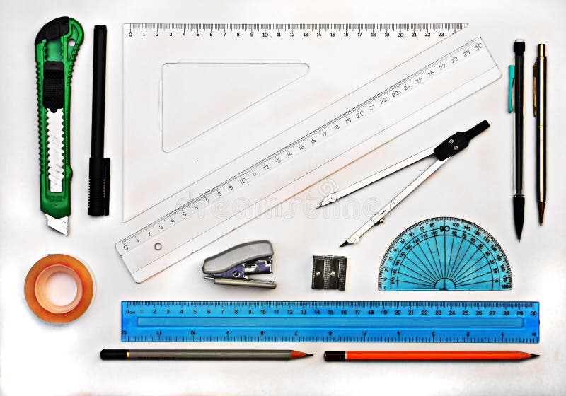 Set of geometry drawing tools isolated on white stock photo Set of geometry drawing tools isolated on white stock photo